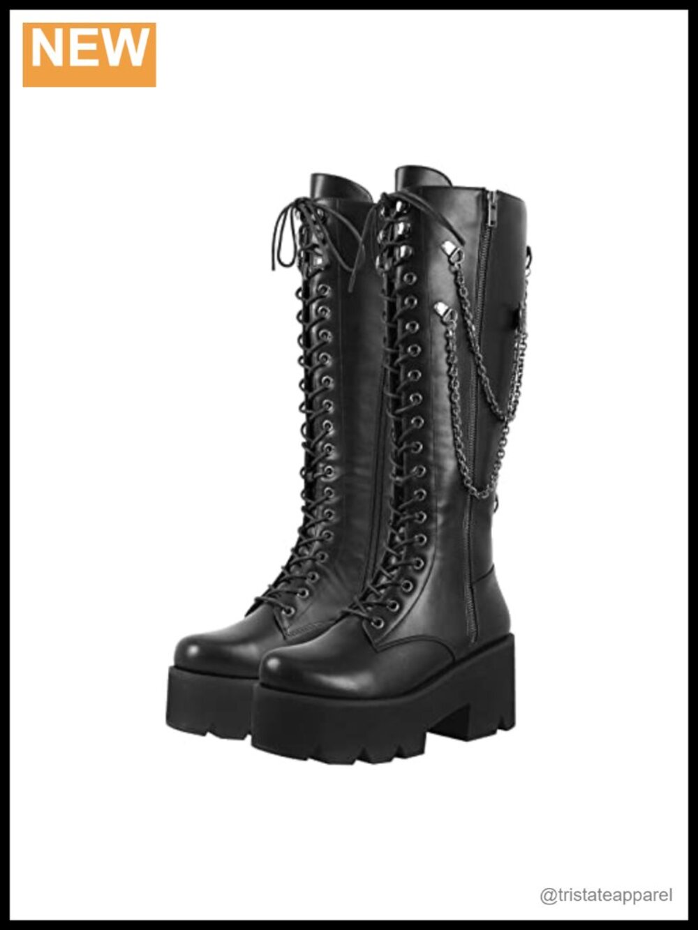Women's Knee High Platform Combat Boots Faux Leather Lace Up